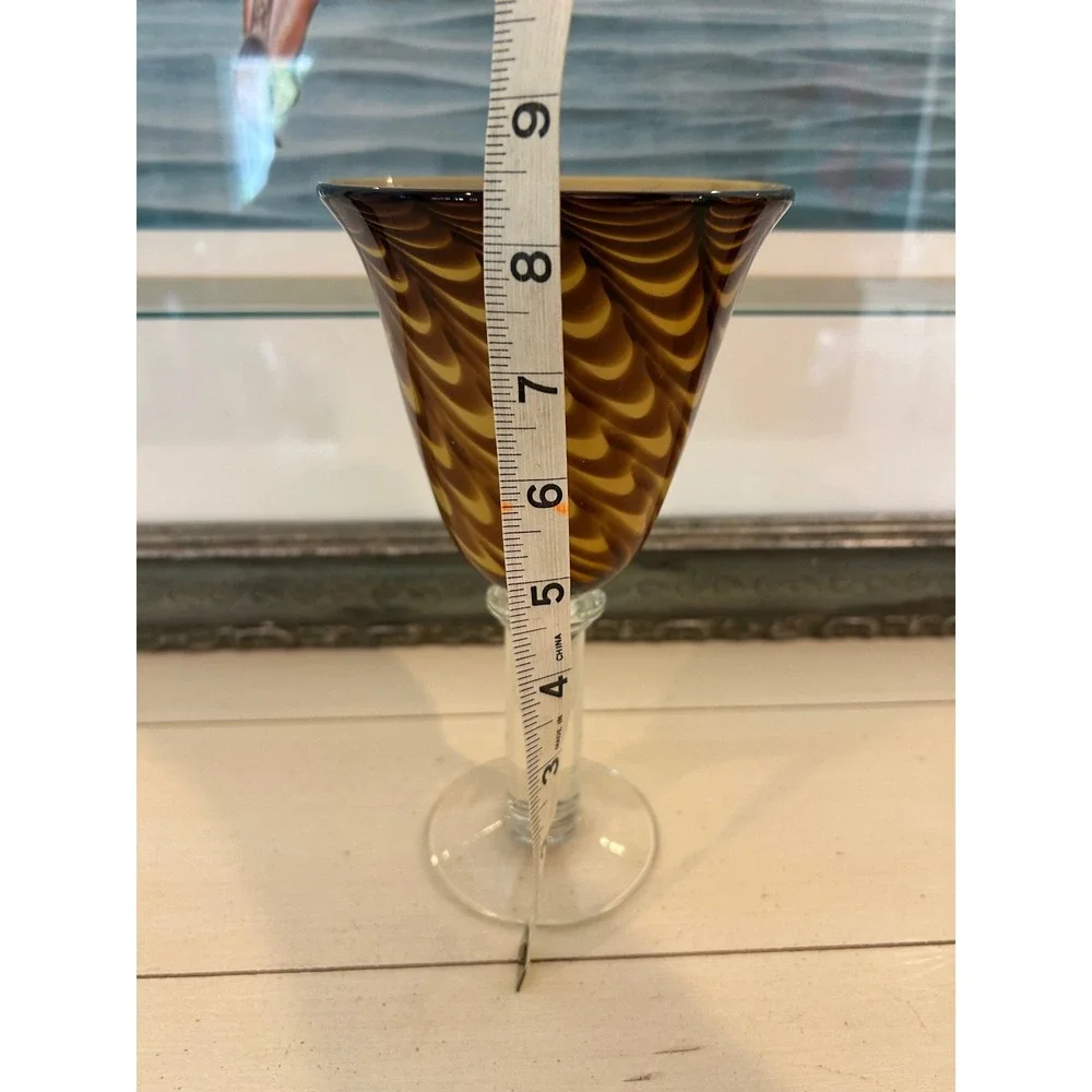 Art Glass Wine Goblet Amber Brown Pulled Feather Festooned Hand Blown 8.5